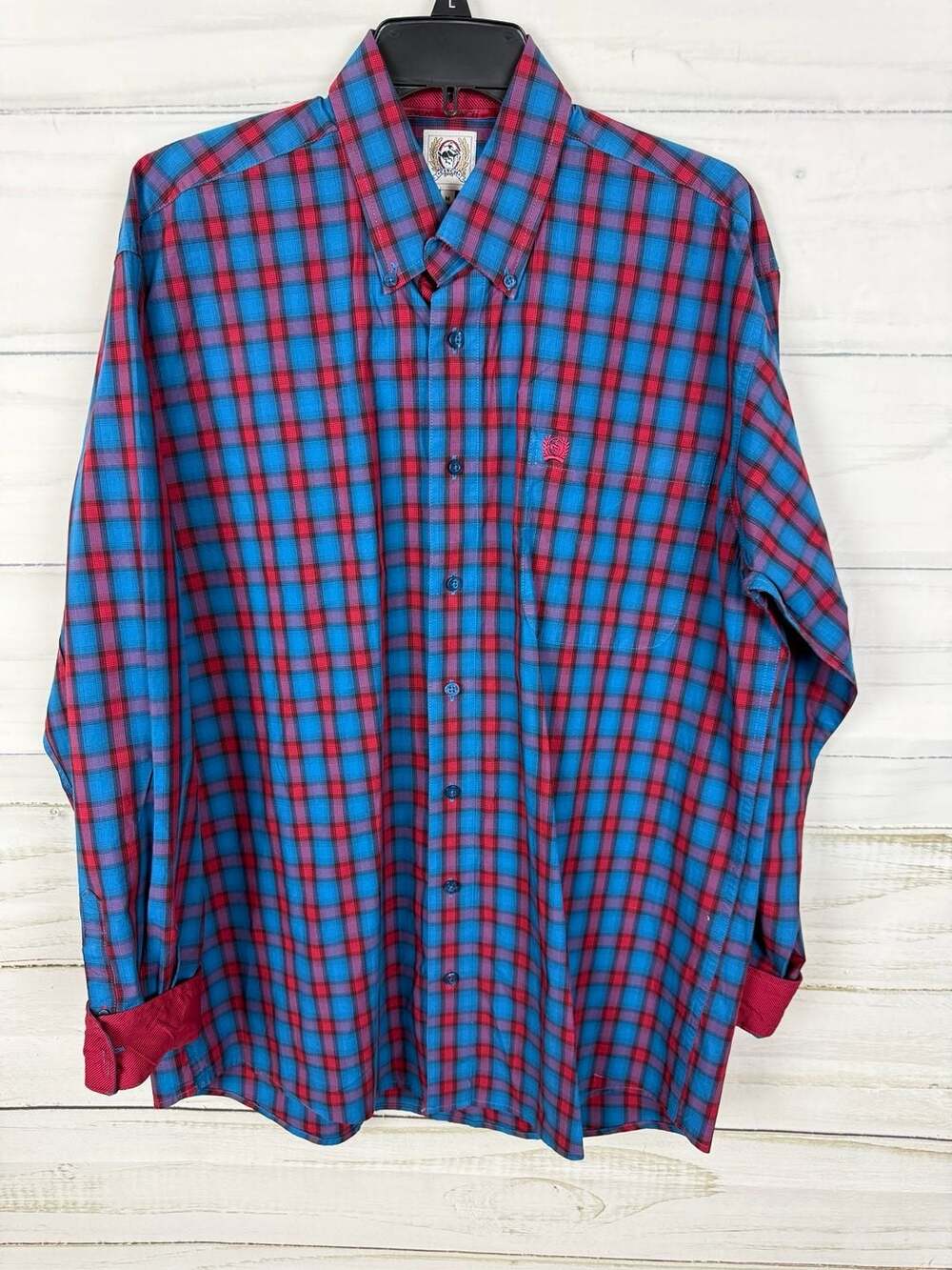 Cinch Men's Blue and Red Plaid Long Sleeve Button Down Shirt Size M